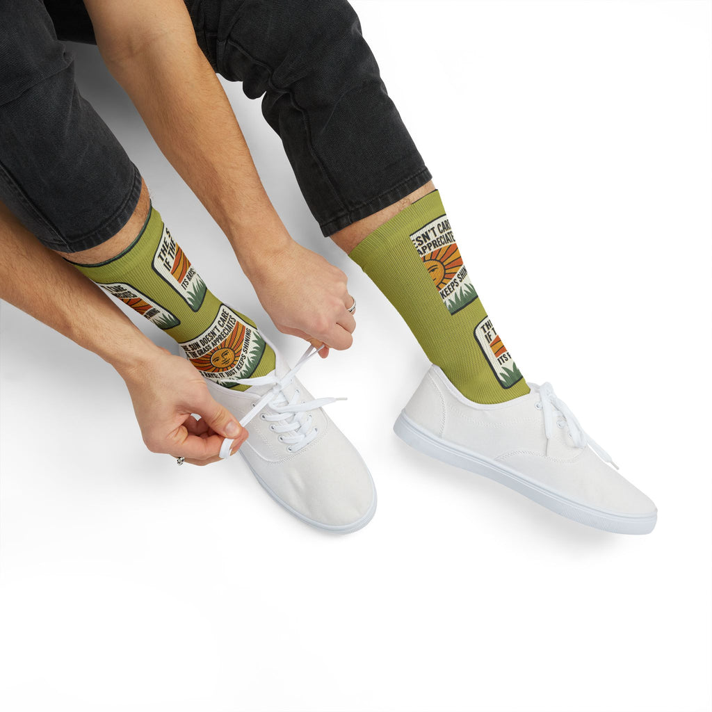 Adventure Patch Sublimation Socks  "The Sun Shines No Matter What's Happening" Vintage Camping Socks