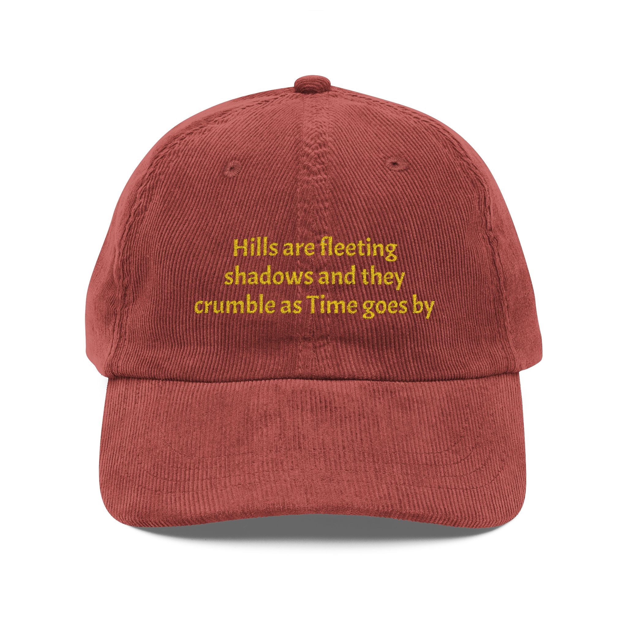 Corduroy Embroidered Cap - Vintage Rust Dad Hat with Poetic Yellow Text