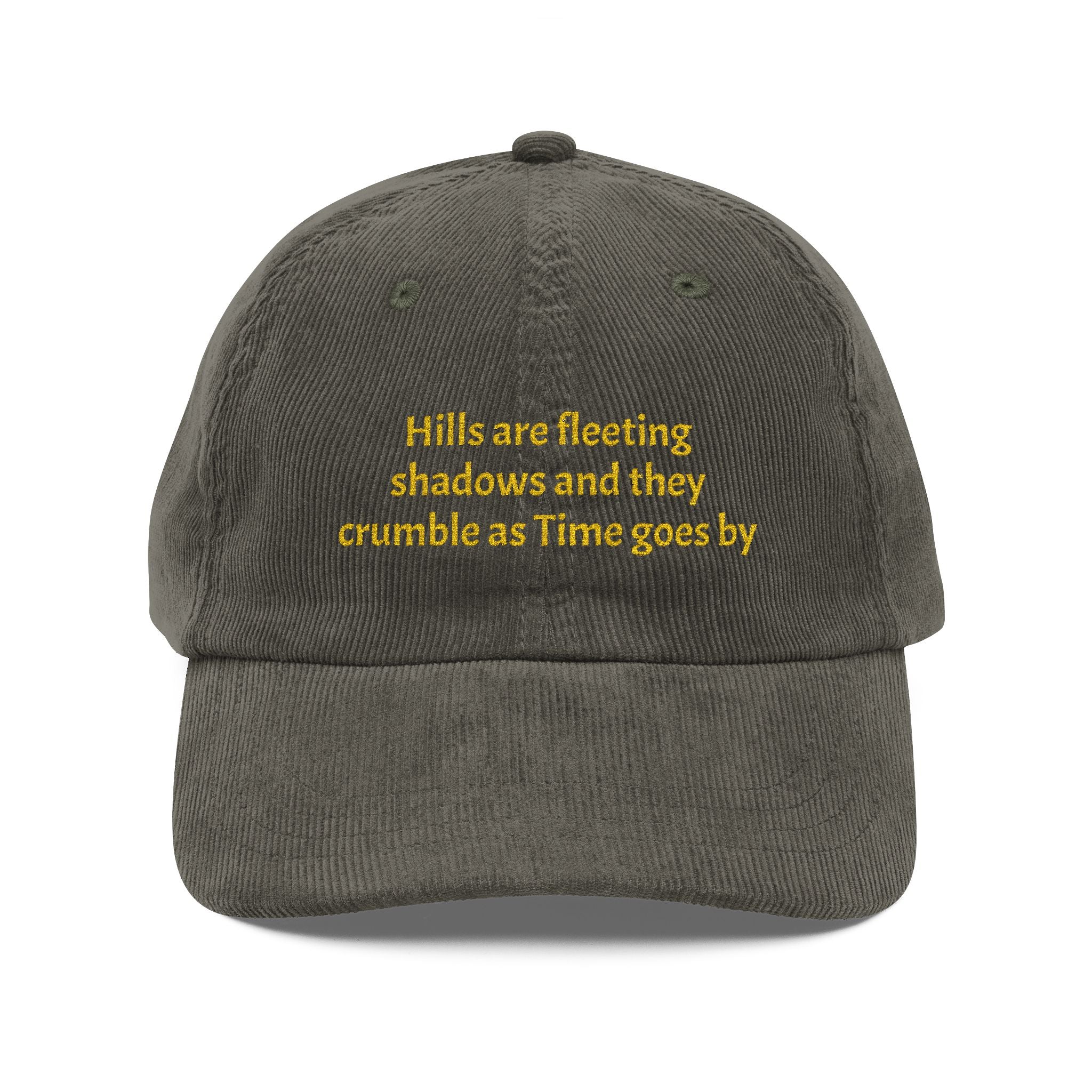 Corduroy Embroidered Cap - Vintage Rust Dad Hat with Poetic Yellow Text