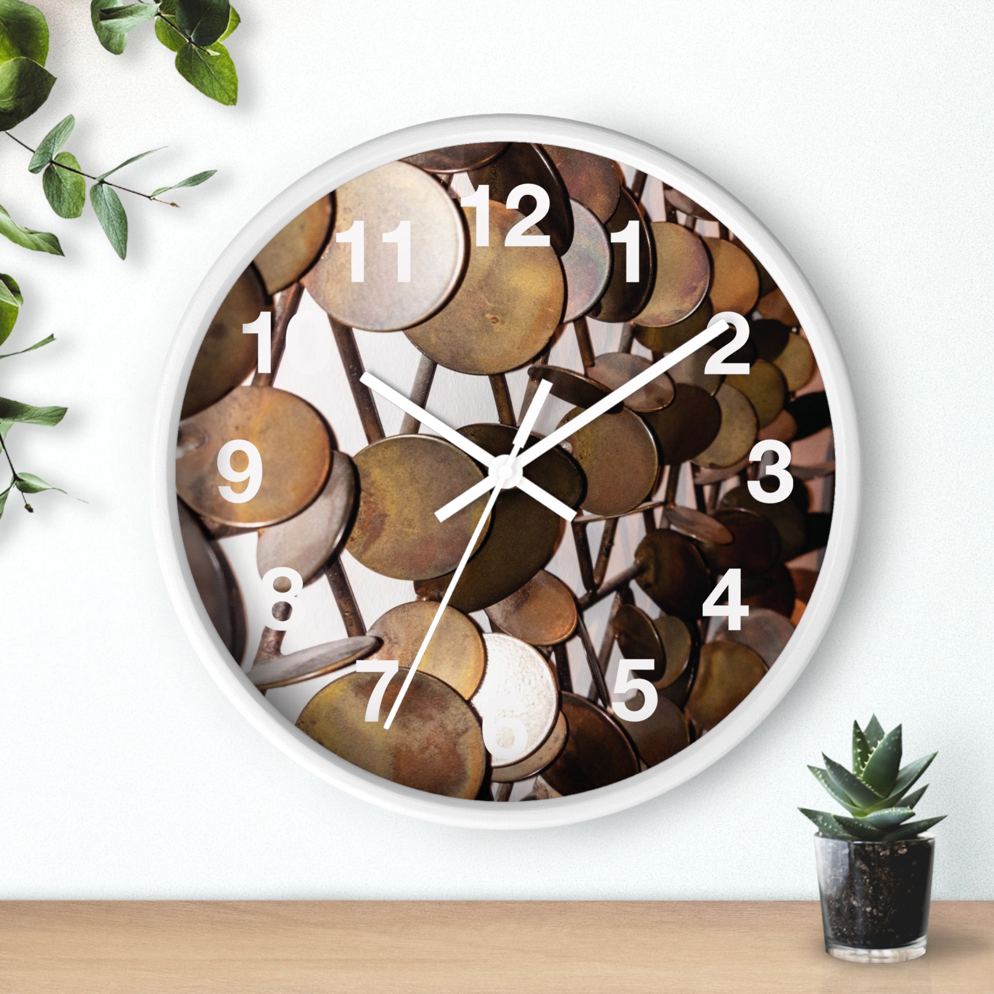 Mid-Century Metal Sculpture Wall Clock with Vintage Brass Disc Art Timepiece