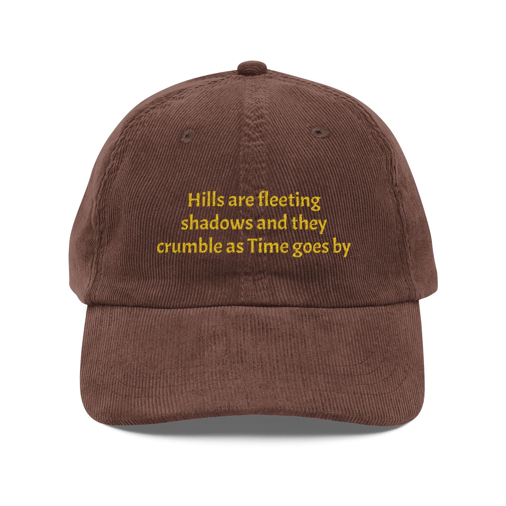 Corduroy Embroidered Cap - Vintage Rust Dad Hat with Poetic Yellow Text