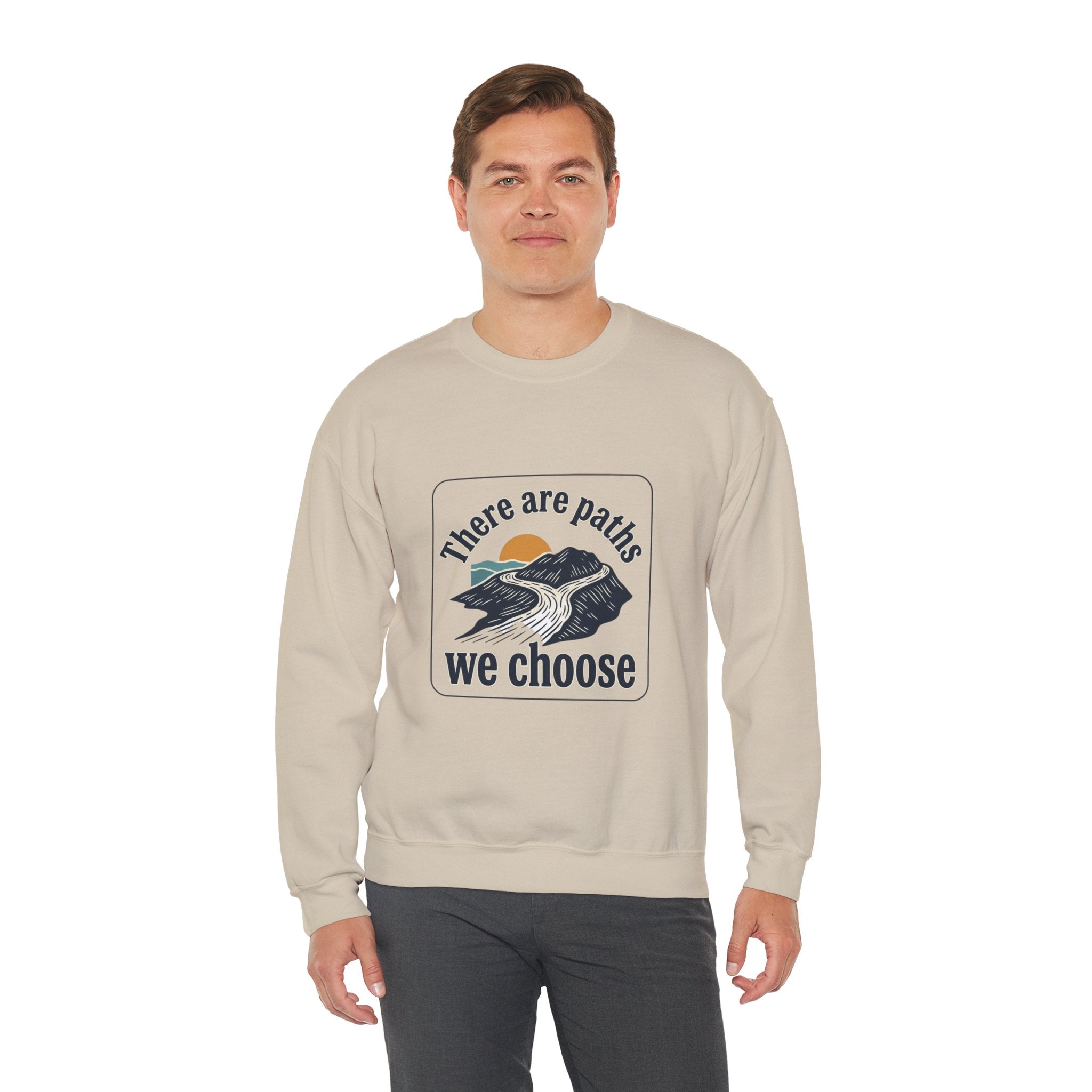 Mountain Paths Crewneck Sweatshirt - "There Are Paths We Choose" Sun Design