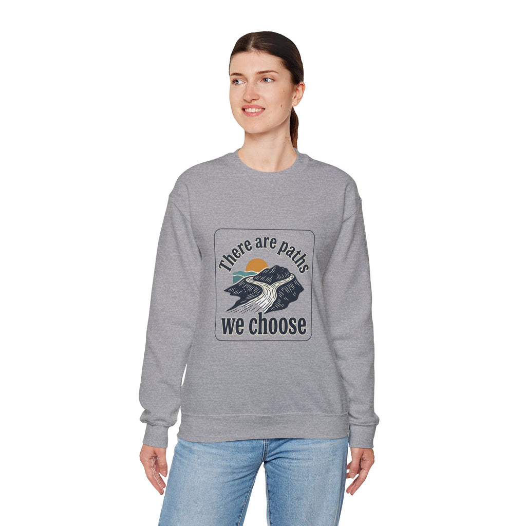 Mountain Paths Crewneck Sweatshirt - "There Are Paths We Choose" Sun Design