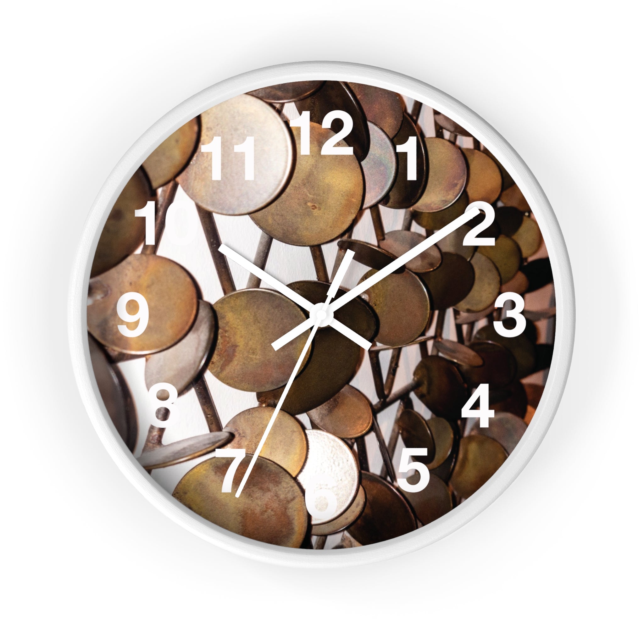Mid-Century Metal Sculpture Wall Clock with Vintage Brass Disc Art Timepiece