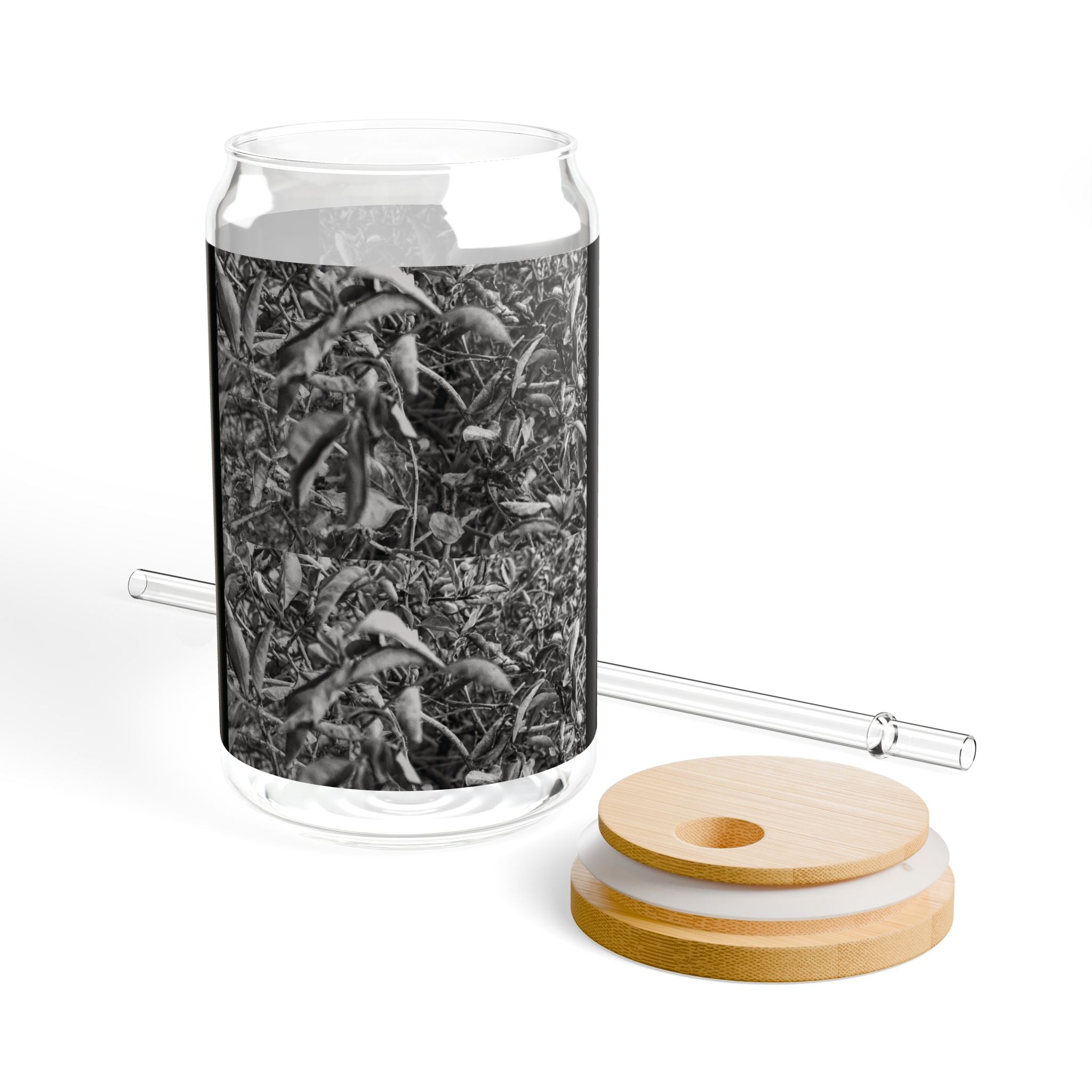 16oz Glass Sipper with Black & White Grass Photo Wrap