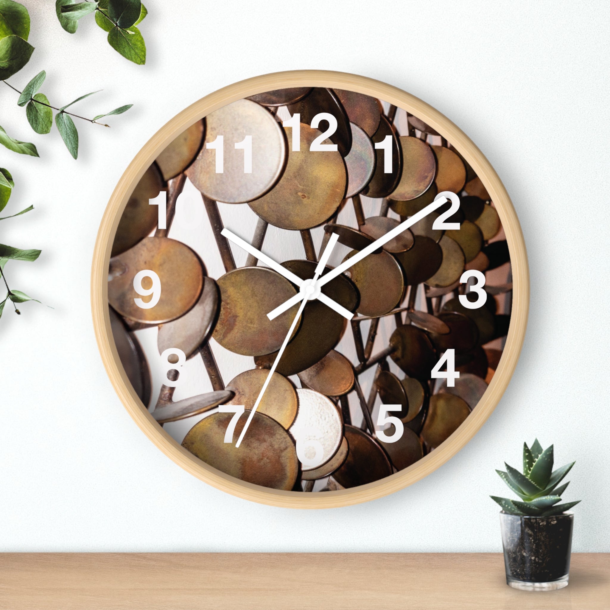 Mid-Century Metal Sculpture Wall Clock with Vintage Brass Disc Art Timepiece