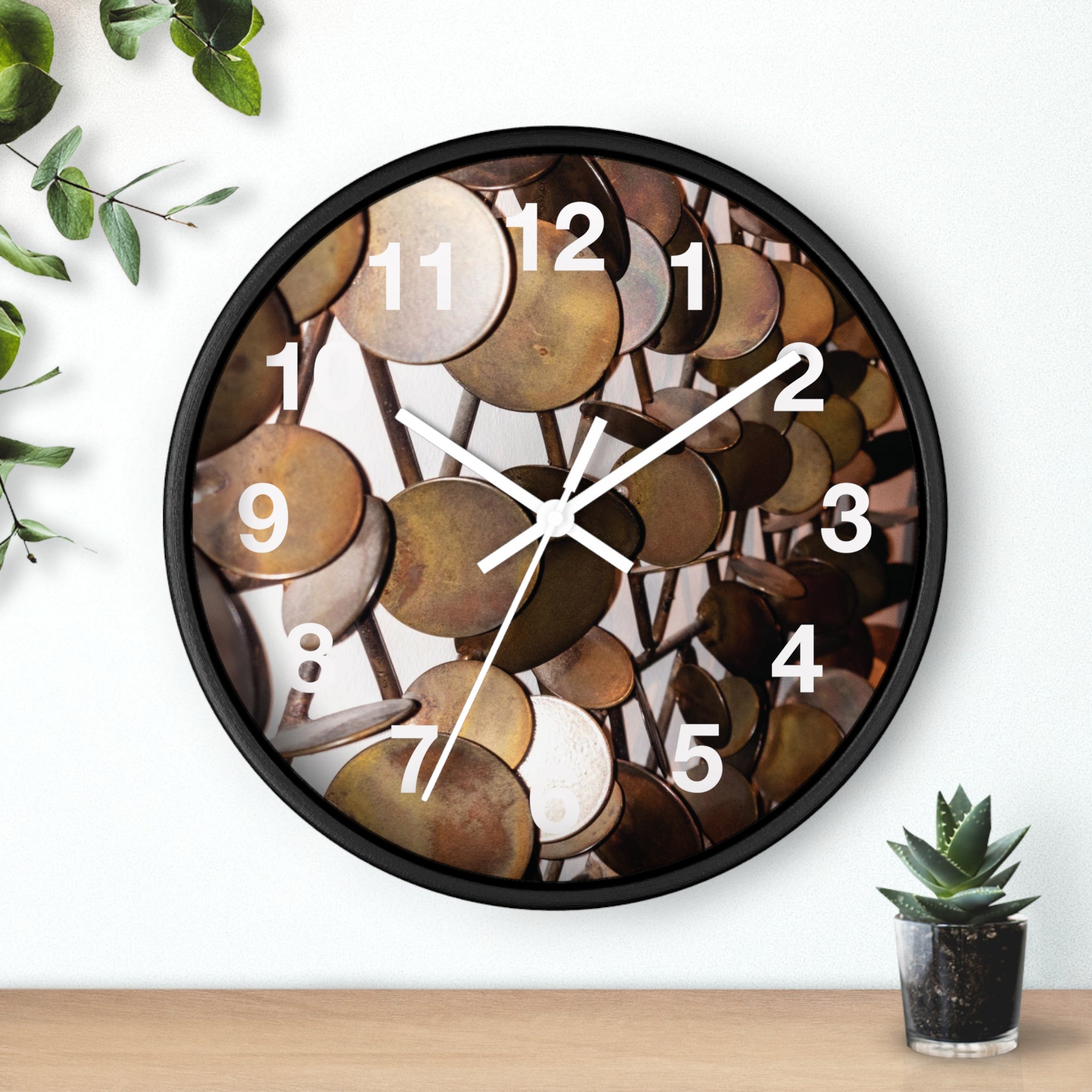 Mid-Century Metal Sculpture Wall Clock with Vintage Brass Disc Art Timepiece