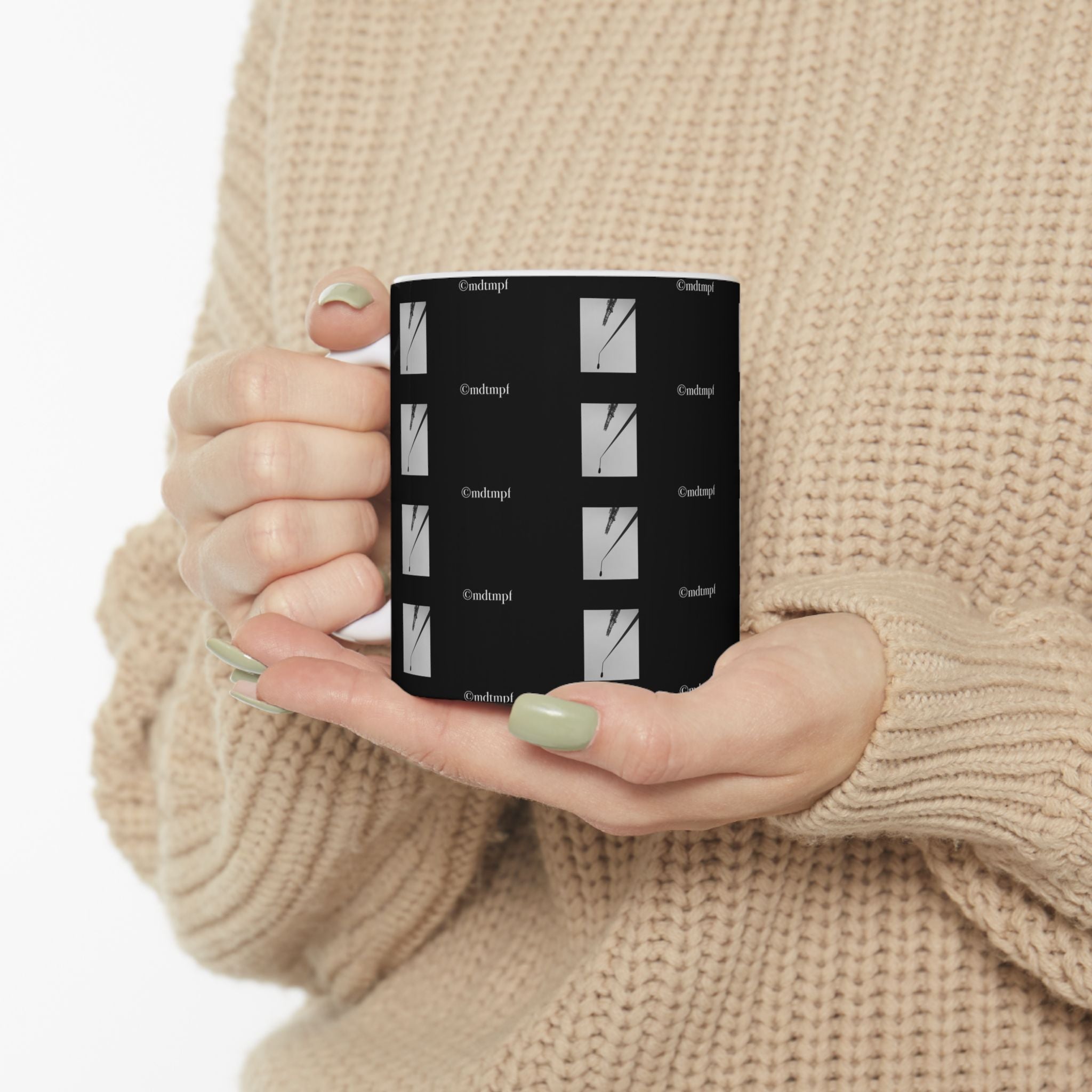 Black Minimalist Clock Grid Ceramic Mug  'mdtmpf' Pattern (11oz, 15oz)