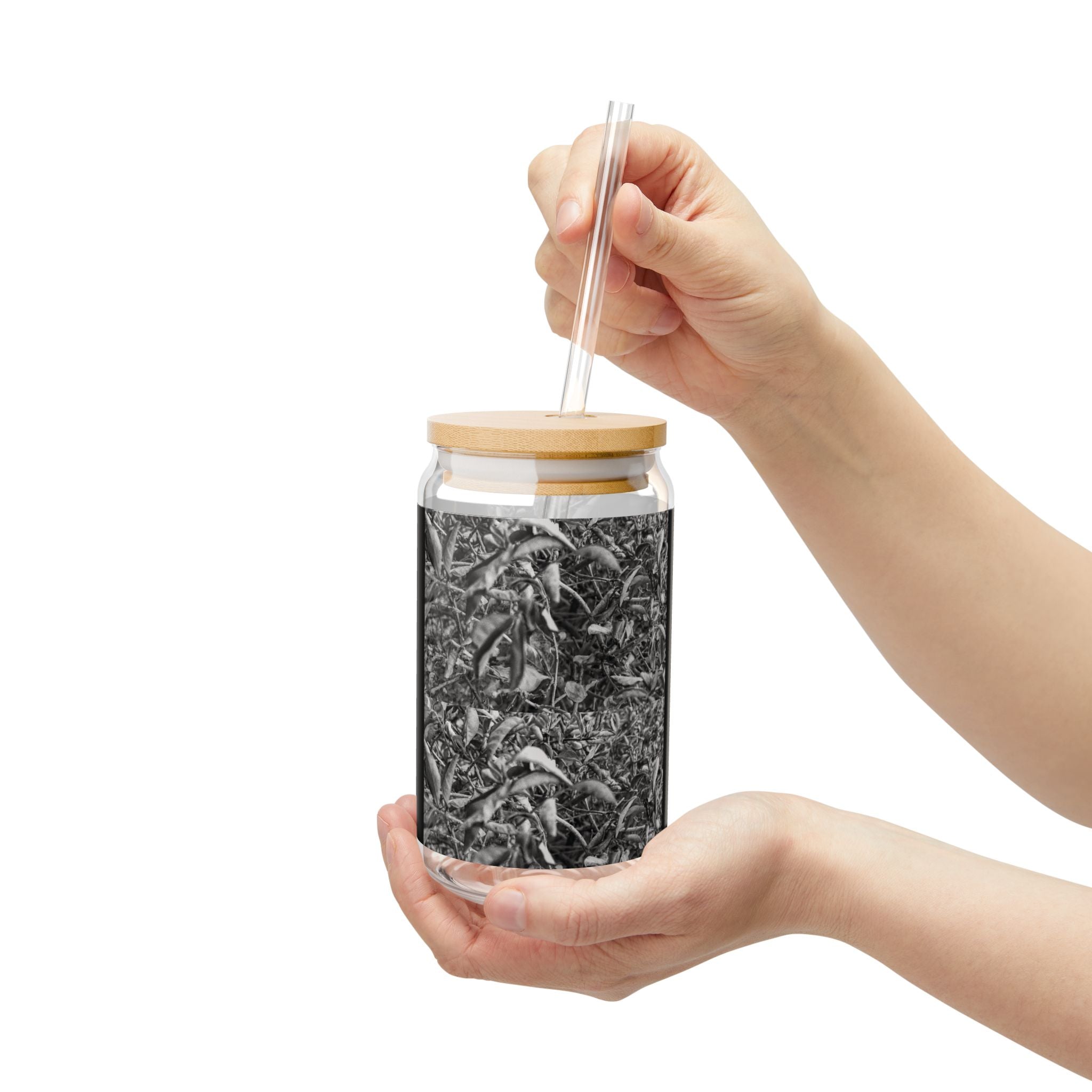16oz Glass Sipper with Black & White Grass Photo Wrap