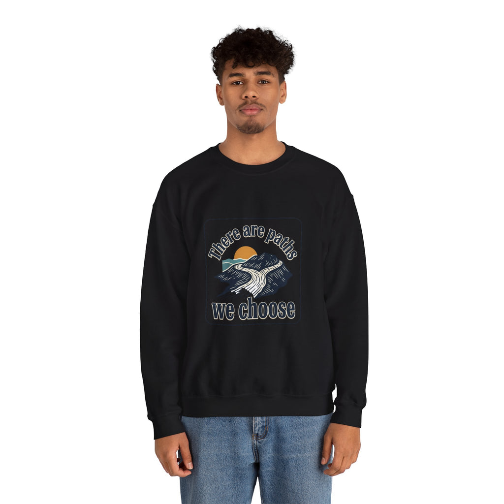 Mountain Paths Crewneck Sweatshirt - "There Are Paths We Choose" Sun Design