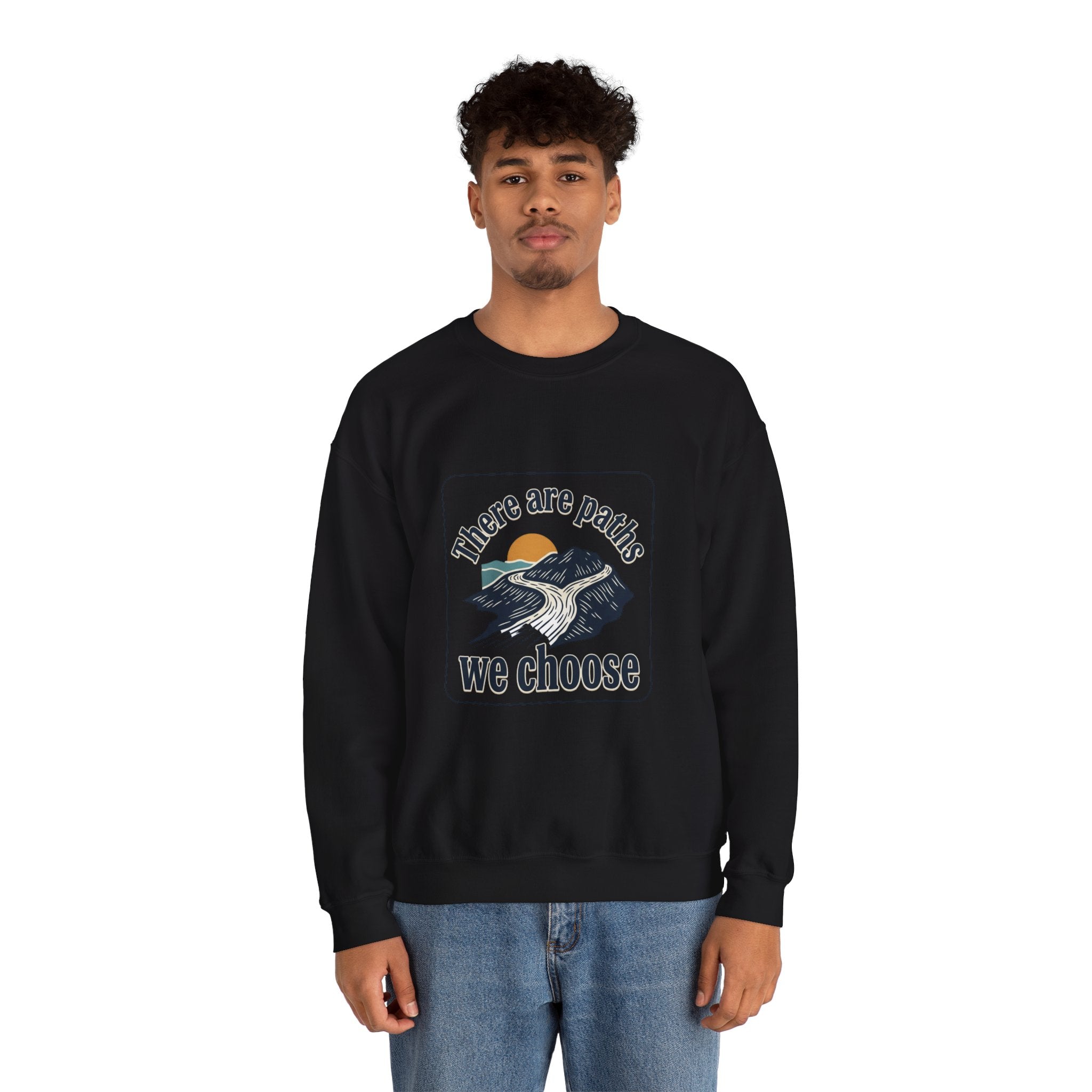 Mountain Paths Crewneck Sweatshirt - "There Are Paths We Choose" Sun Design