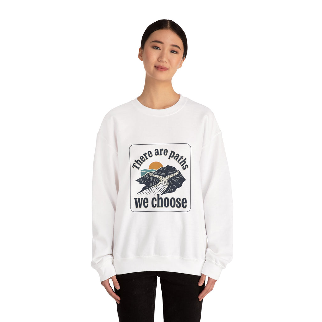 Mountain Paths Crewneck Sweatshirt - "There Are Paths We Choose" Sun Design