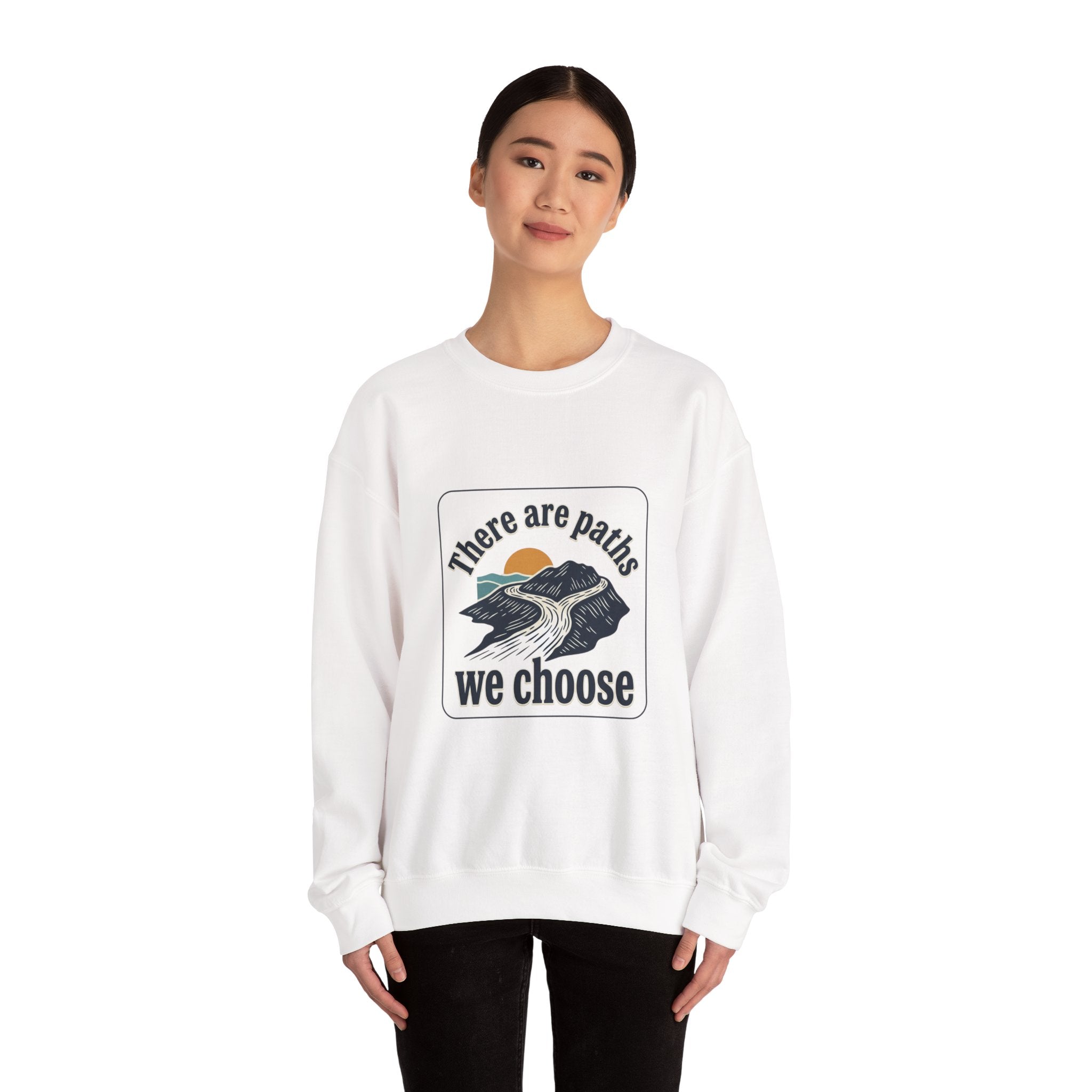 Mountain Paths Crewneck Sweatshirt - "There Are Paths We Choose" Sun Design